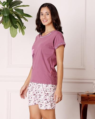 BODYCARE Women's Cotton Printed T-Shirt and Shorts Set | Soft & Breathable Nightwear | Short Sleeves | Loungewear Co-Ord Set | BSSS17030_100 Multicolour