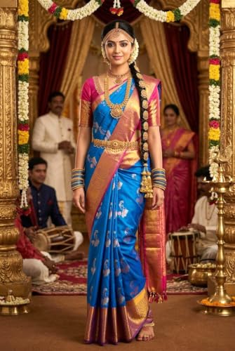 VFCollections Women's Traditional Handloom Kanchipuram Silk Pure Pattu Sarees | Rich Zari Woven Design | Unstitched Blouse (VFC519-4)