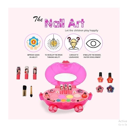 Kids Makeup Kit for Girls with Mirror, Portable Beauty Play Set with Pretend Lipsticks, Eyeshadow Palette, Brush & Cosmetic Accessories, Princess Role Play Gift Toy