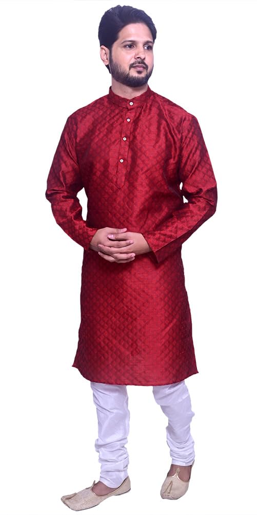 Om Shubh Mangalam Men's Booti Jacquard Red Kurta White Pajama For Wedding