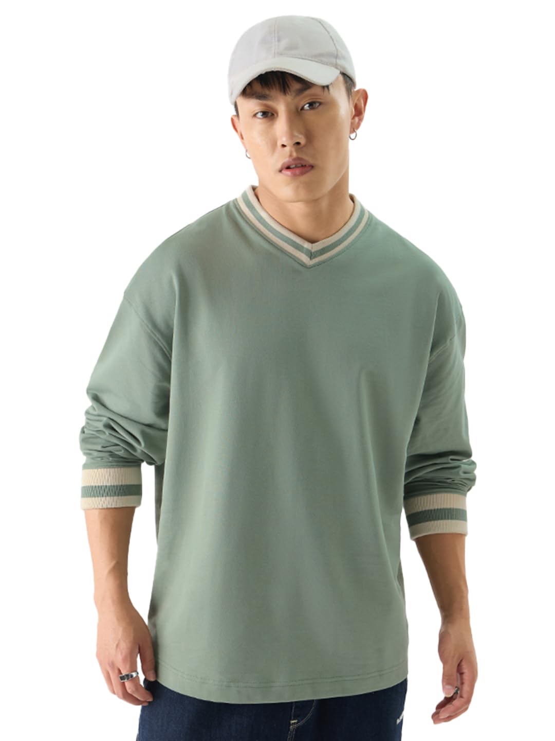 The Souled Store Solids: Sage Green Men and Boys Round Neck Oversized Fit Full Sleeve T-Shirts Oversized Men's T-Shirts Solid Basic Tees Casual Fashion Relaxed Fit Full Sleeves Round Neck Block