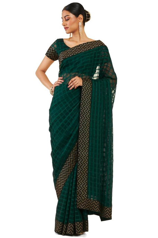 Soch Women Green Silk Checkered Saree (8907715832327_Green_FS)