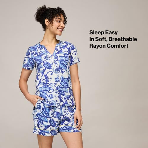 NYKD (NYS930 Printed Rayon Coords Night Suit for Women | Relaxed Fit V Neck Top with Non Slip Adjustable Waistband Shorts | Perfect for Sleep, Lounge & Everyday Wear - Blue