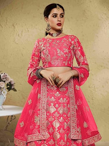 Zeel Clothing Women's Thread Sequins Embroidery Silk Bridal New Semi-stitched Lehenga Choli Set With Dupatta(7055-Peach-Wedding-Bridal-Stylish-Latest; Free Size)