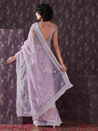 Womanista Women's Net Sequinned Saree (TI6563_Lavender)