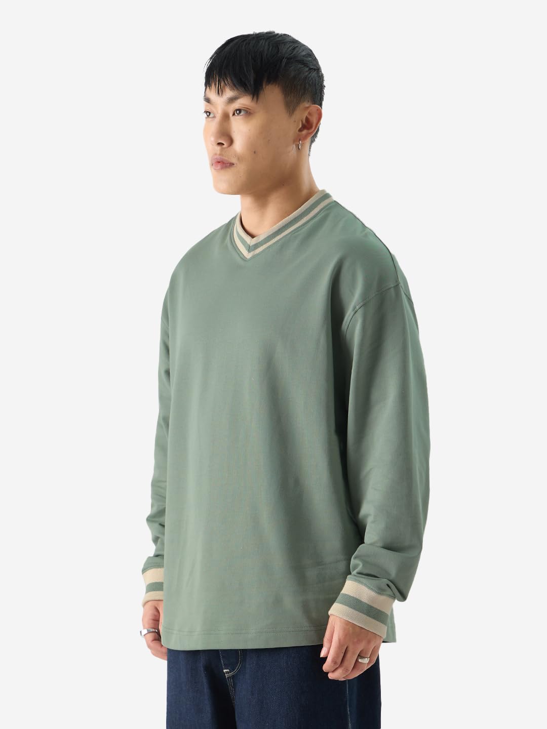 The Souled Store Solids: Sage Green Men and Boys Round Neck Oversized Fit Full Sleeve T-Shirts Oversized Men's T-Shirts Solid Basic Tees Casual Fashion Relaxed Fit Full Sleeves Round Neck Block
