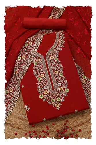 Soch Womens Rust Organza Embroidered Unstitch Dress Material With Thread Work