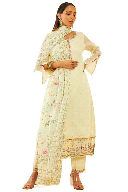 Soch Womens Light Yellow Organza Woven Design Suit Set With Beads Work