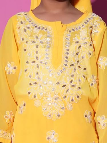 Fashion Chikan Art Chikankari Lucknowi Hand Embroided Gota Patti Kurti,Palazzo and Dupatta Set | Color - Yellow | Size - 11-12 Years