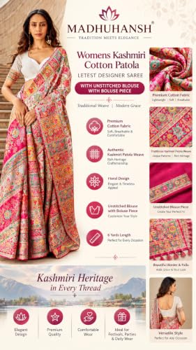 MADHUHANSH Womens Kasamiri Cotton Patola Letest Designer Saree with Unstitched Blouse With Boluse Piece (WHITE)