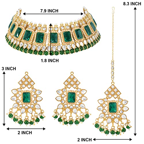 Peora Gold Plated Green Kundan Dangling Pearls Necklace Earring MaangTikka Jewellery Set for Women
