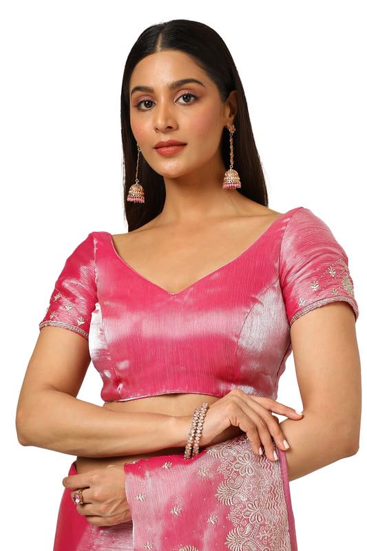 Soch Womens Onion Pink Organza Embroidered Saree With Stone Work