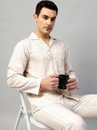 English Navy Men Checked Night Suit Beige S, Soft Breathable Fabric for a restful Night, Perfect for Bedtime and Home wear, Comfortable Relaxed fit for Lounging