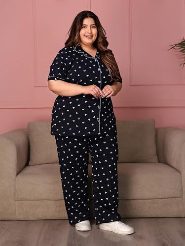 TITTLI Women Pure Cotton Printed Nightsuit | Shirt and Pyjama Set | Short Sleeve Sleepwear | Comfortable Nightwear with Pockets | Travel Nightsuit For Womens