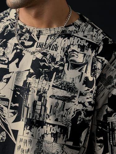 The Souled Store Batman: Gotham City Men and Boys Half Sleeves Round Neck Graphic Printed Cotton Lightweight All-Season Oversized T-Shirt Beige