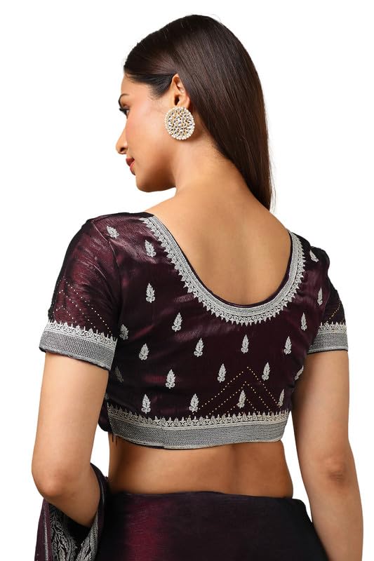 Soch Womens Wine Organza Zari Embroidered Saree With Stone Work
