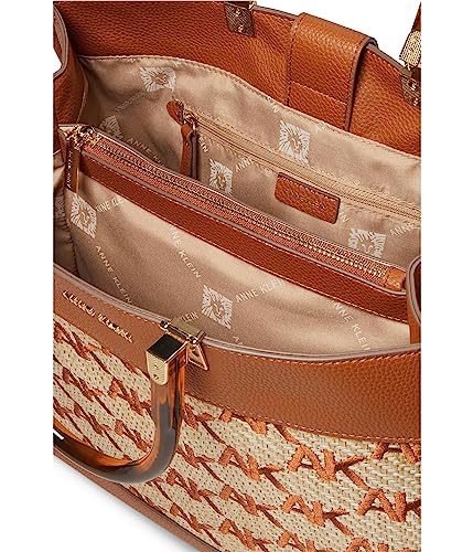 Anne Klein Large Tote in Embroidered AK Straw, Saddle-Natural/Saddle, Saddle-natural/Saddle, One Size
