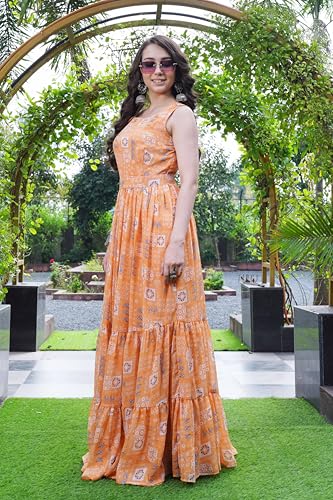 ODD BY chansi TRENDZ Women's Sleeveless Printed Maxi Gown, Beige Floral Pattern, Floor Length Dress (in, Alpha, M, Regular, Orange)