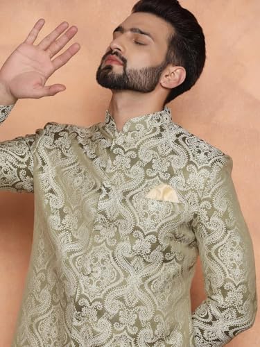 KISAH Sherwani for Men Wedding – Embroidered Indo Western Sherwani with Churidar | Designer Ethnic Outfit for Groom & Festivals, Olive, 40