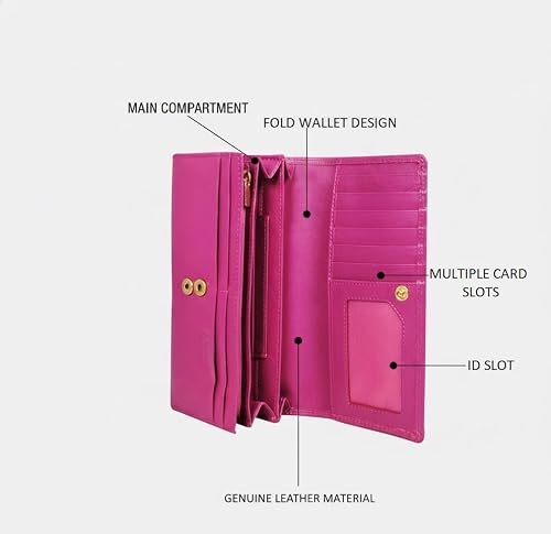Calfnero Women's Genuine Leather Wallet-Long Purse Wallet with Multiple Card Slots, Zip Pocket and Note Compartment (Pink)