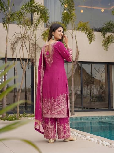 Leeli Peeri Designer Women's Chinon Silk Embroidery Kurta Sharara Set With Dupatta