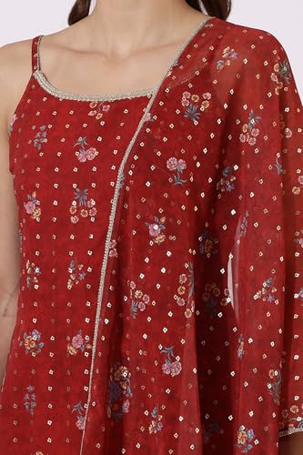 W Red Floral Printed Straight Kurta, Sharara Pant & Dupatta for Women (Size: L)-24AUWS12588-125772