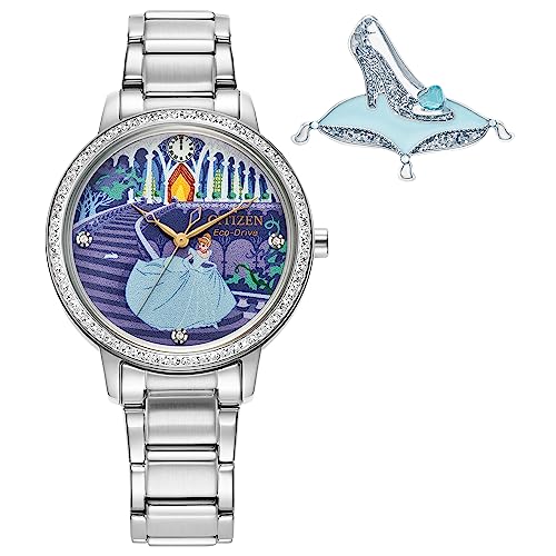 Citizen Women's Eco-Drive Disney Princess Cinderella Crystal Watch and Pin Gift Set in Silver Stainless Steel Watch, Blue Dial (Model: FE7041-51W), Silver, 5 1/2 inches, Modern