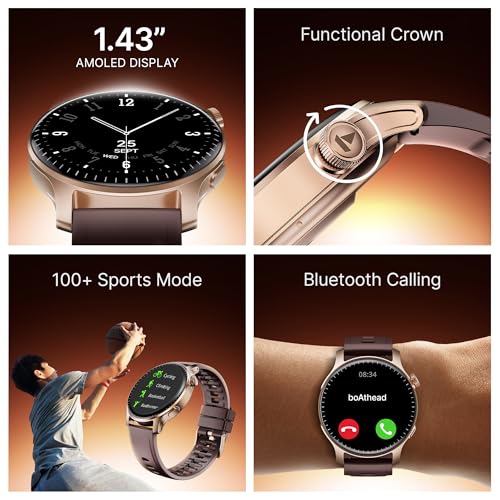 boAt Ultima Prime smartwatch with 1.43” AMOLED Display, AOD, Personalized Fitness Nudges, Functional Crown,100+ Sports Modes, Create Your Own Watchface, smartwatch for man and Woman (Royal Berry)