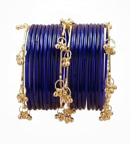 KAYASHA Blue Premium Glass Bangles Set with Ghungroo For Women|Trendy Kashmiri Bangles|Kangan Set For Women|Kanch Ki Chudiya Set Girls|Trendy Bangle For Gift|Wedding & Parties - Set Of 20