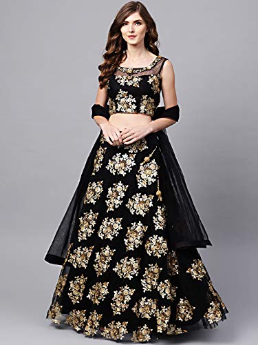 Zeel Clothing Women's Net Semi stitched Lehenga Choli (5010-Wedding-Bridal-Net-Lehenga-2021_Black_Free Size)