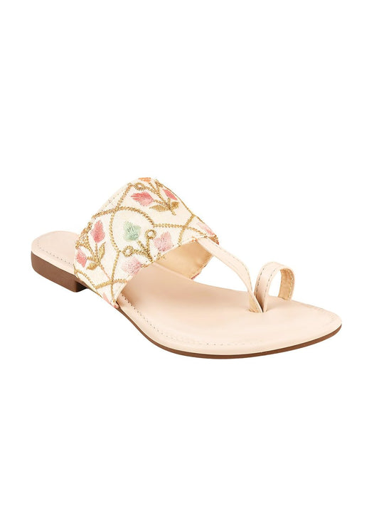 GLEMATOZ Women's Cream Ethnic Flats ?Traditional Slip-On Kolhapuri Style Sandals ||with Detailing for Festive & Wedding Footwear Toe Ring Sandals EU36