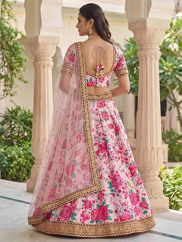 Zeel Clothing Women's Floral Print With Dori, Sequins and Stone Work Art Silk Lehenga Choli with Dupatta (7516-Light-Pink-Wedding-Women-Latest; Free Size)