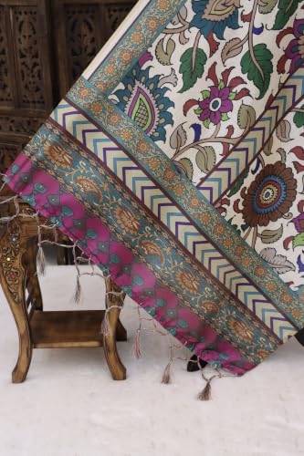 SHANTVAN GALLERY Women’s Malai Silk Dupatta | Floral & Kalamkari Prints Traditional Ethnic Wear | Soft, Lightweight Designer Stole with Tassel Border for Suit, Kurti & Festive Gowns | Alabaster