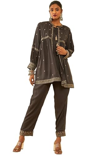 Soch Womens Charcoal Rayon Slub Three-Piece Co-Ord Set with Thread Work