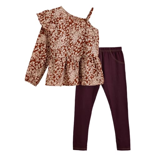 Hopscotch Girls Balloon Sleeves Brown 2-Pc Floral Blouse & Leggings (14-15 Years)