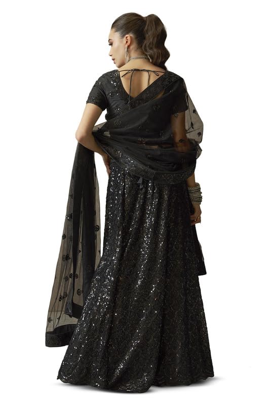 Soch Womens Black Net All-Over Sequin Embellished Unstitched Lehenga Set with Belt