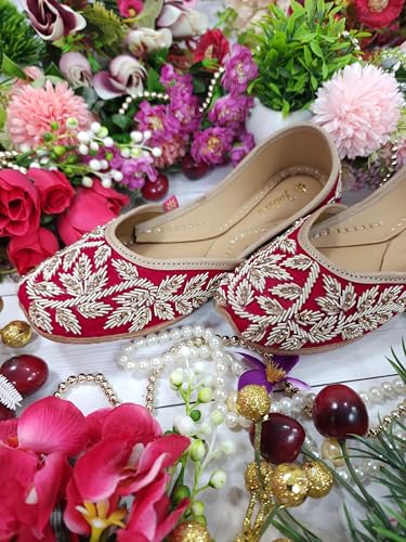 Fulkari Women Iris Velvet Magenta Gold Formal Genuine Soft Leather Jutis | Bite and Pinch Free Juttis | Punjabi Jutti | Girl's Wedding Flat Ladies Mojari Ethnic Juti | 42