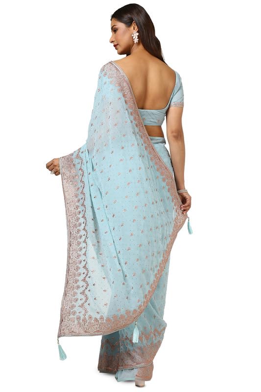 Soch Womens Powder Blue Georgette Embroidered Saree With Stonework