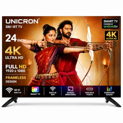 UNICRON 24”INCH Frameless HD Ready Android Smart LED TV | WiFi Enabled | Built-in Apps Compatible (YouTube, Netflix, Prime Video) | HDMI, USB Connectivity | Slim & Stylish Screen