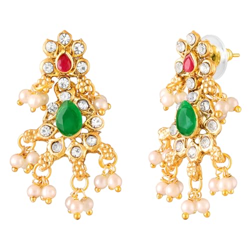 Peora Gold Plated Faux Emerald Faux Ruby & Beads Studded Choker & Long Necklace Earrings Set Ethnic Bridal Jewellery for Women