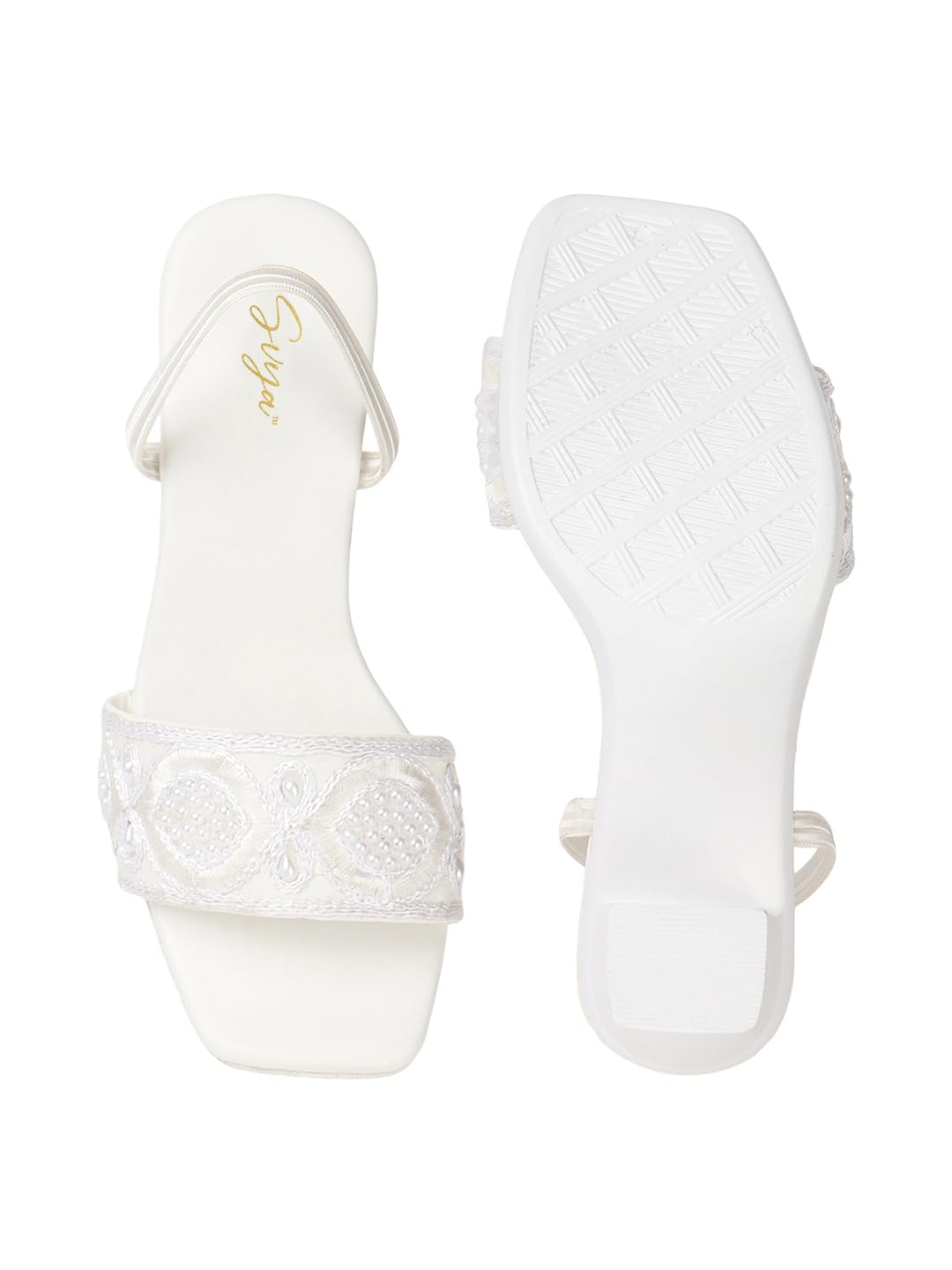 Handcrafted Embroidered Women Sandals with Square Toe, Mid Block Heel, and Supportive Back Strap for Ethnic Wear (White, UK Footwear Size System, Adult, Women, Numeric, Medium, 4)