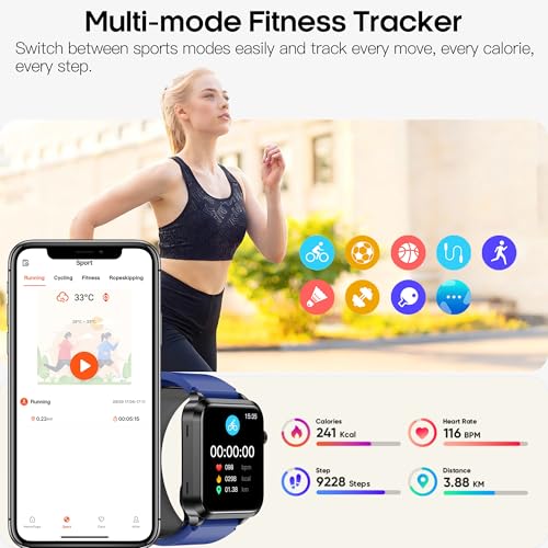 Yowow BIT Blood Pressure Smart Watch Air Bag Air Cuff, 24/7 Heart Rate Blood Oxygen Body Temperature Sleep Respiration Rate Health Monitor Activity Tracker Familiy Data Sharing (Blue)