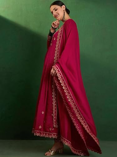 AVYUKTHA | Women Ethnic Motifs Embroidered Kurta with Trors & Dupatta | Traditional Thread Work Kurta Set for Festive & Daily | Red | Size- XL