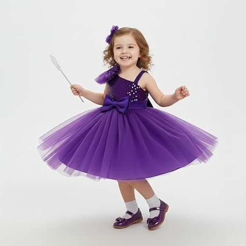 KIYOL Girls One Shoulder Sequin Satin Tulle Party Dress with Large Bow ? Elegant Purple Princess Gown for Birthday, Wedding & Special Occasions -Purple Barbet 2-3Y