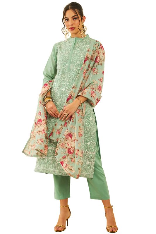 Soch Womens Sea Green Chanderi Chikankari Embroidered Suit Set With Sequins