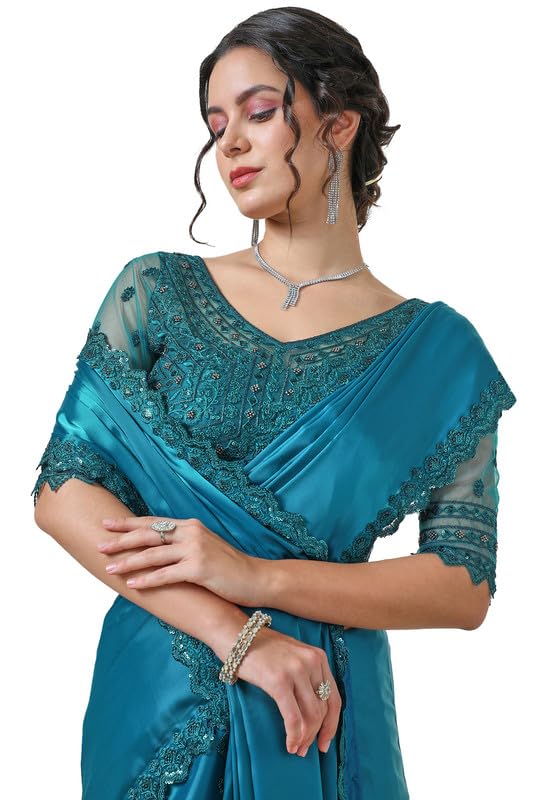 Soch Womens Teal Organza Saree with Sequin Lace Border