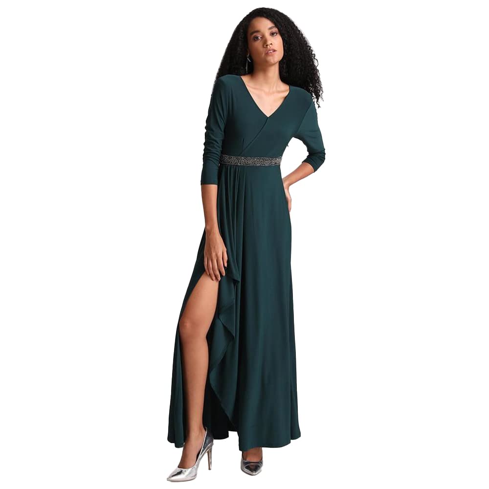 Kazo Embellished Polyester Blend Round Neck Women's Maxi Dress (Green,Small)