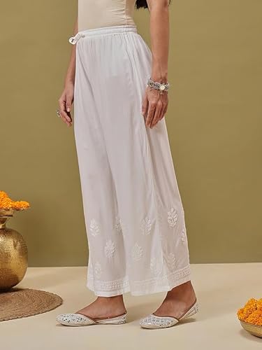 Ada Lucknowi Chikankari Hand Embroidered Rayon Wide Leg Pant Palazzo for Women A711200 White (S)