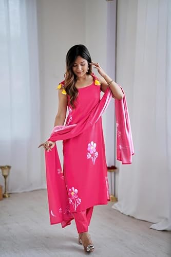 AVYUKTHA | Women Floral Embroidered Kurta with Pyjamas & Dupatta | Thread Work Ethnic Kurta Set for Women | Festive & Daily | Pink | Size- XL