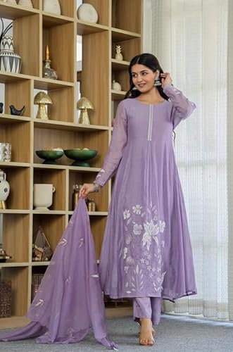 AVYUKTHA | Women Floral Embroidered Kurta with Pyjamas & Dupatta | Thread Work Ethnic Kurta Set for Women | Festive & Daily | Purple | Size- XL